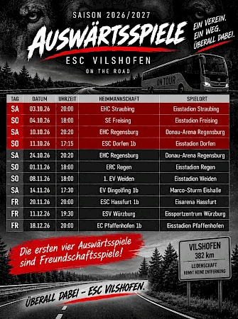 Plakat mit den Auswärtsspielen der Saison 2026/2027